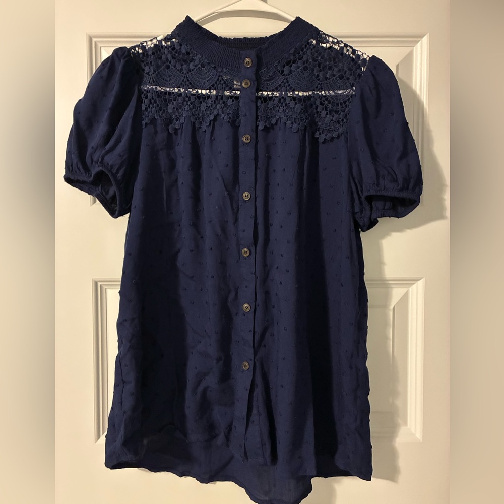 Chic Navy Button-Up Blouse with Lace Detail